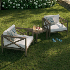 Northlake Weathered Gray/White 3-Piece Outdoor Patio Teak Wood Furniture Set with Armchair and Side Table - Ornate Home