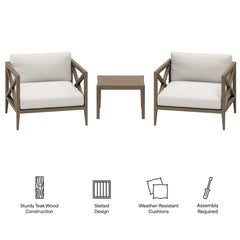 Northlake Weathered Gray/White 3-Piece Outdoor Patio Teak Wood Furniture Set with Armchair and Side Table - Ornate Home