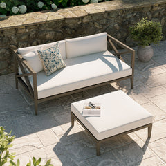 Northlake Weathered Gray/White Outdoor Patio Teak Wood Loveseat and Ottoman Set - Ornate Home