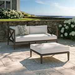 Northlake Weathered Gray/White Outdoor Patio Teak Wood Loveseat and Ottoman Set - Ornate Home