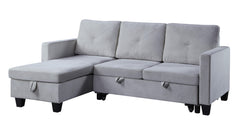 Nova Light Gray 82.5"W Velvet Reversible Sleeper Sectional Sofa with Storage Chaise - Ornate Home
