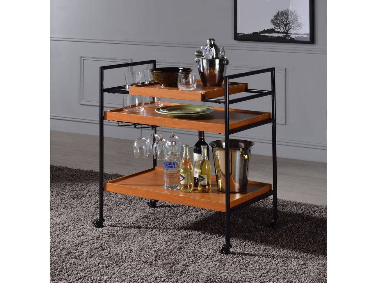 Oaken Honey Oak & Black Serving Cart - Ornate Home