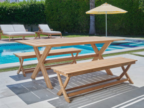 Oakville 3-Piece Rectangular Teak Outdoor Picnic Dining Set with Benches - Ornate Home
