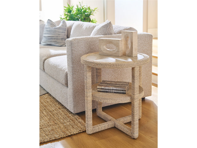 Oasis Travertine Beige/Natural Abaca Side Table - Ornate Home