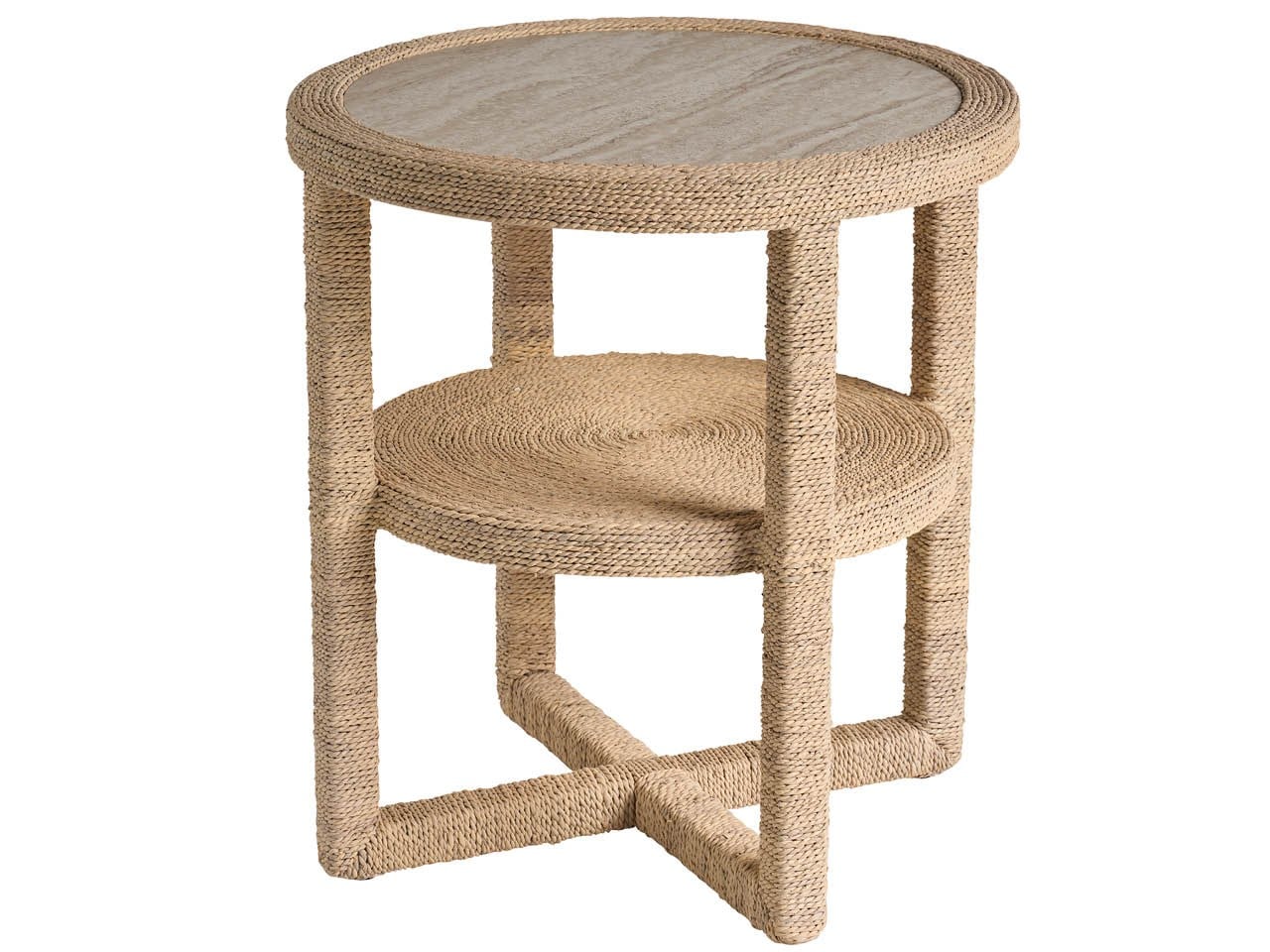 Oasis Travertine Beige/Natural Abaca Side Table - Ornate Home