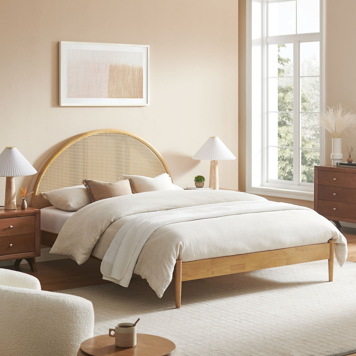 Odette Oak Queen Arched Rattan Cane Platform Bed - Ornate Home