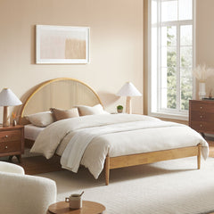 Odette Oak Queen Arched Rattan Cane Platform Bed - Ornate Home