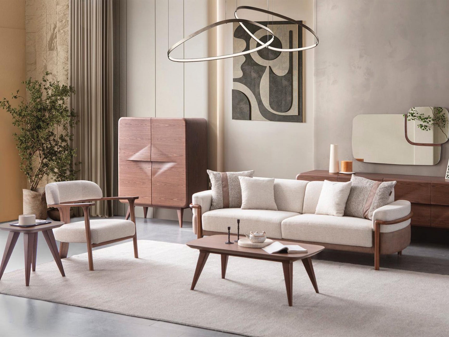 Odin Cream/Walnut Convertible 3 Seater Sofa