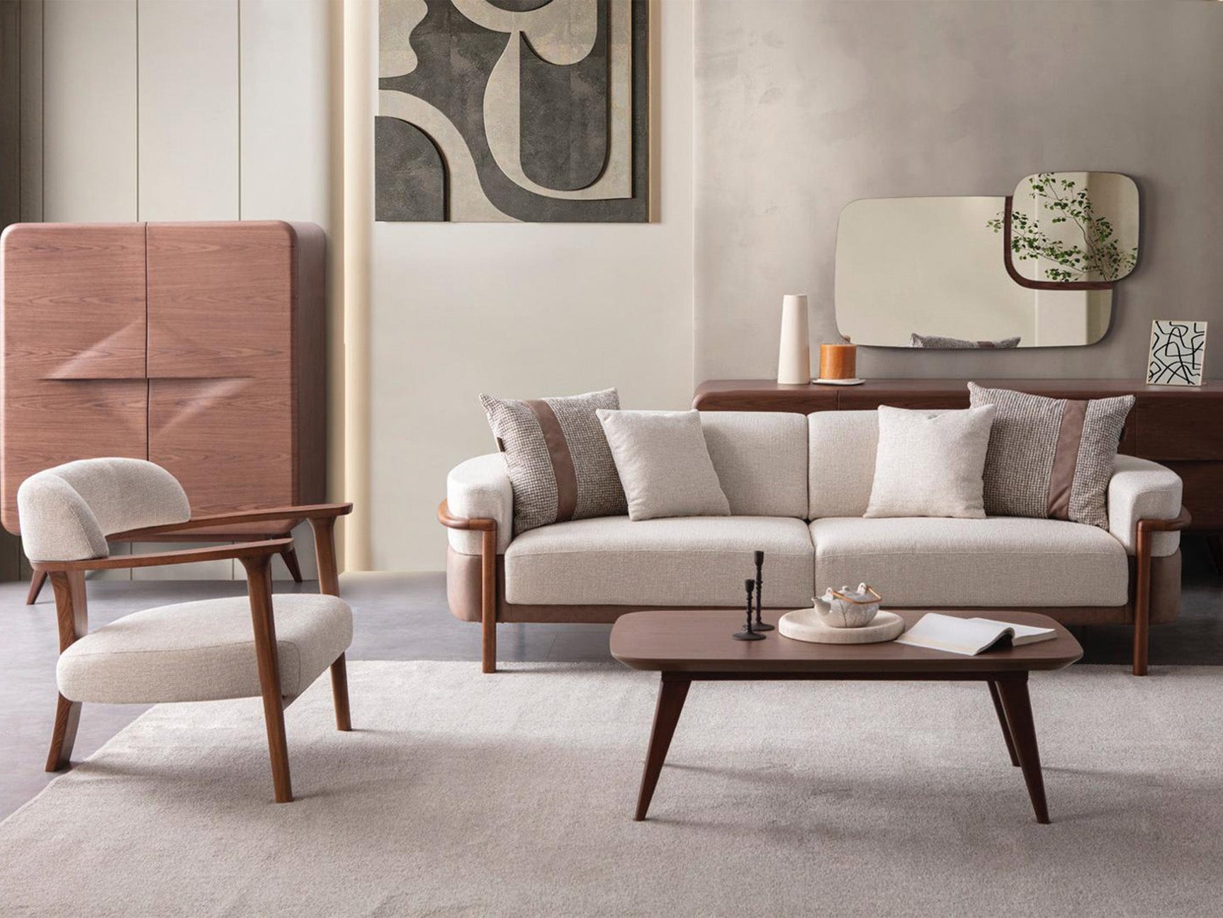 Odin Cream/Walnut Convertible 3 Seater Sofa