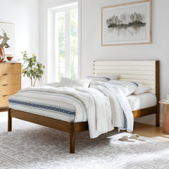 Olea Feather Walnut Channel Tufted Boucle Solid Wood King Platform Bed - Ornate Home