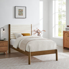 Olea Feather Walnut Channel Tufted Boucle Solid Wood Twin Platform Bed - Ornate Home