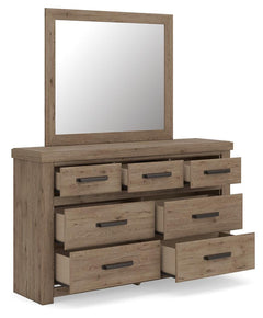 Oliandon Light Brown Queen Panel Storage Bed, Dresser and Mirror - Ornate Home