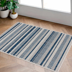 Olin White&Blue Striped Nordic Outdoor Rug - Ornate Home