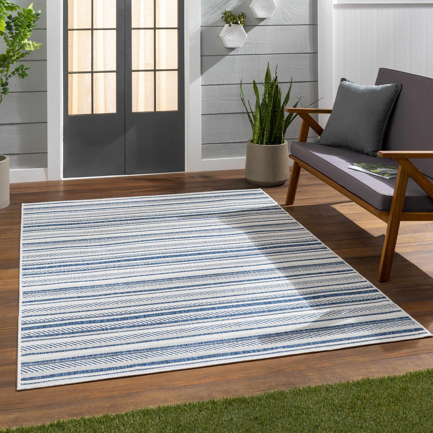 Olin White&Blue Striped Nordic Outdoor Rug - Ornate Home