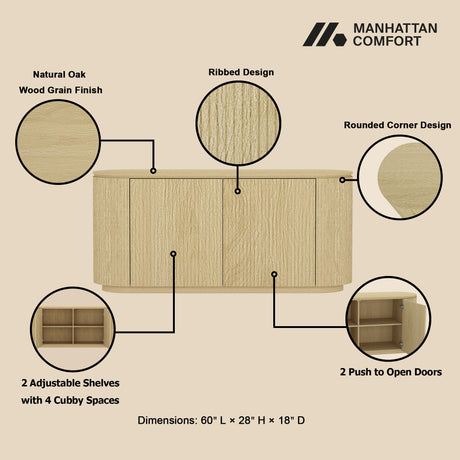 Olivia 60" Sideboard in Natural Oak - Ornate Home