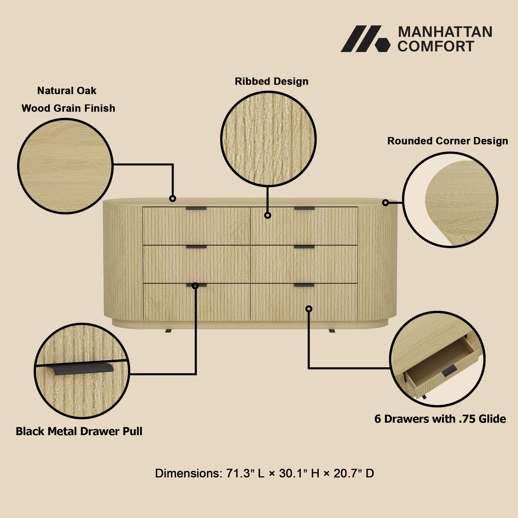 Olivia 71.3" Double Dresser in Natural Oak and Black - Ornate Home