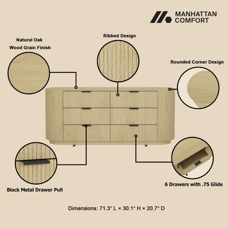 Olivia 71.3" Double Dresser in Natural Oak and Black - Ornate Home