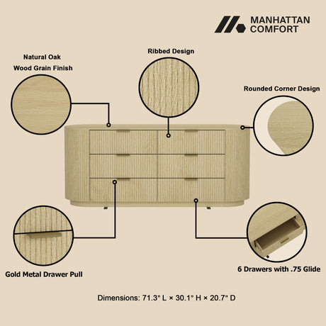 Olivia 71.3" Double Dresser in Natural Oak and Gold - Ornate Home