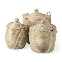 Olivia Beige Seagrass Basket with Lid and Handles (Set of 3) - Ornate Home