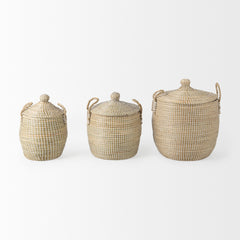Olivia Beige Seagrass Basket with Lid and Handles (Set of 3) - Ornate Home