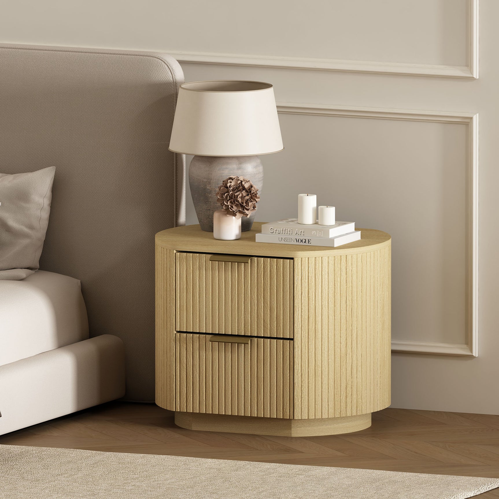 Olivia Nightstand in Natural Oak and Gold - Ornate Home