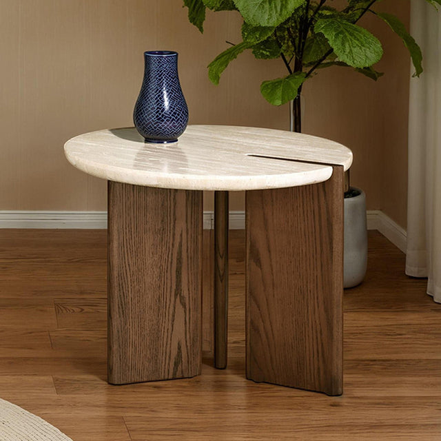 Olney Yellow Travertine/Brown Oak End Table - Ornate Home