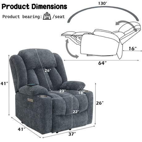 Omarion Blue Power Recliner W/Lift & Heating & Massage - Ornate Home