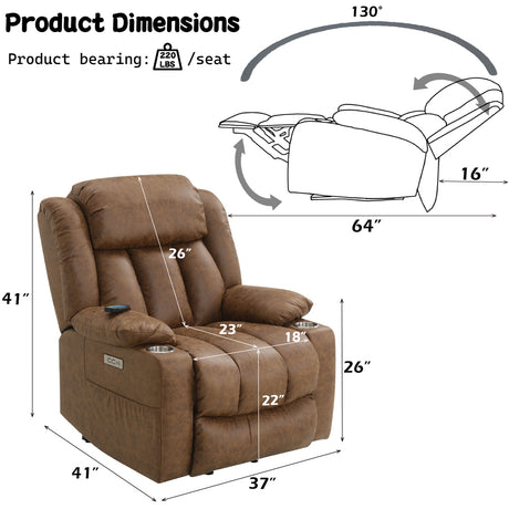Omarion Brown Power Recliner W/Lift & Heating & Massage - Ornate Home