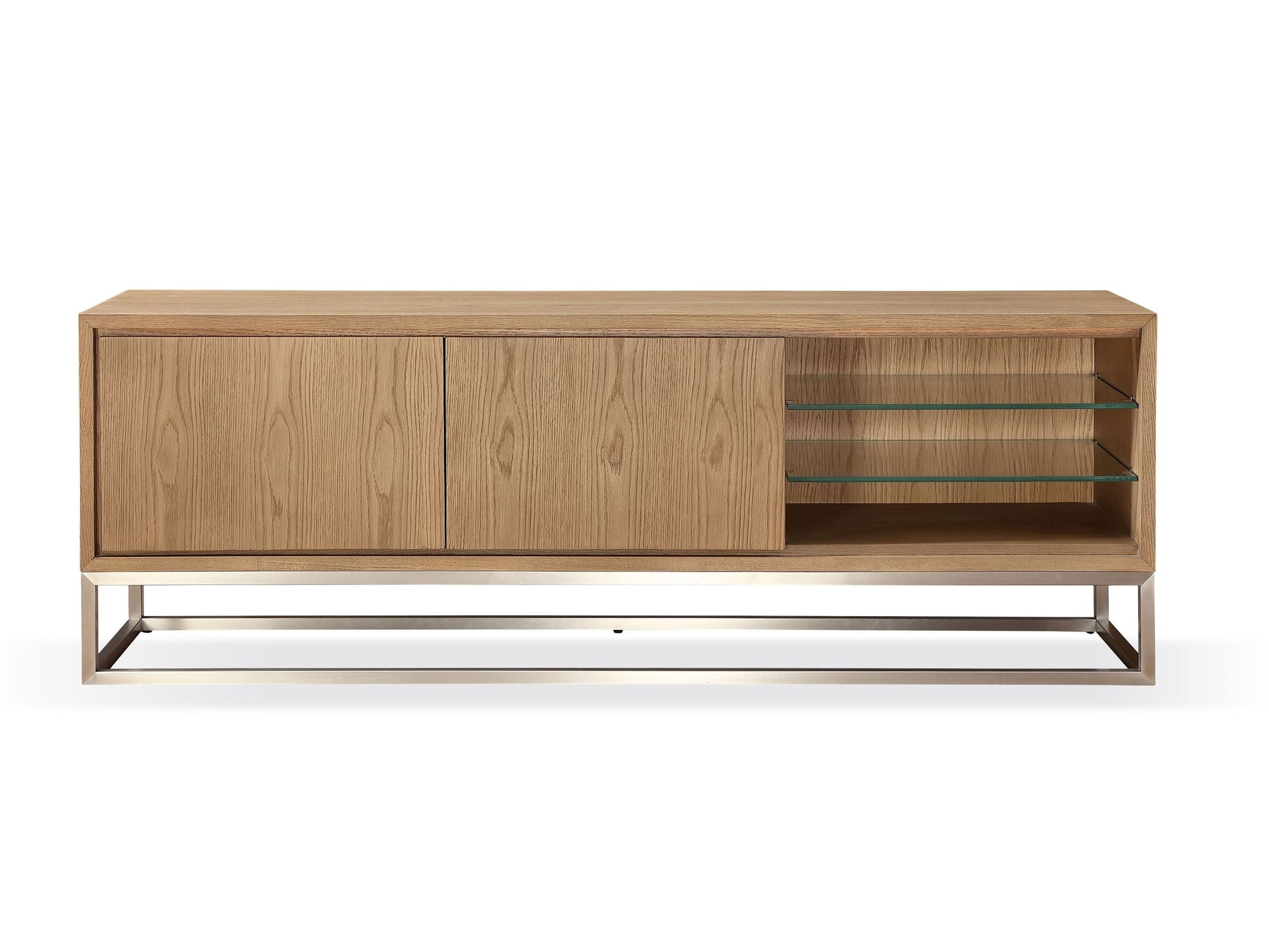 One Coastal Modern 74 inch TV Console in Brushed Stainless Steel and Bisque - Ornate Home