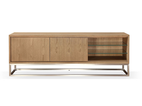 One Coastal Modern 74 inch TV Console in Brushed Stainless Steel and Bisque - Ornate Home