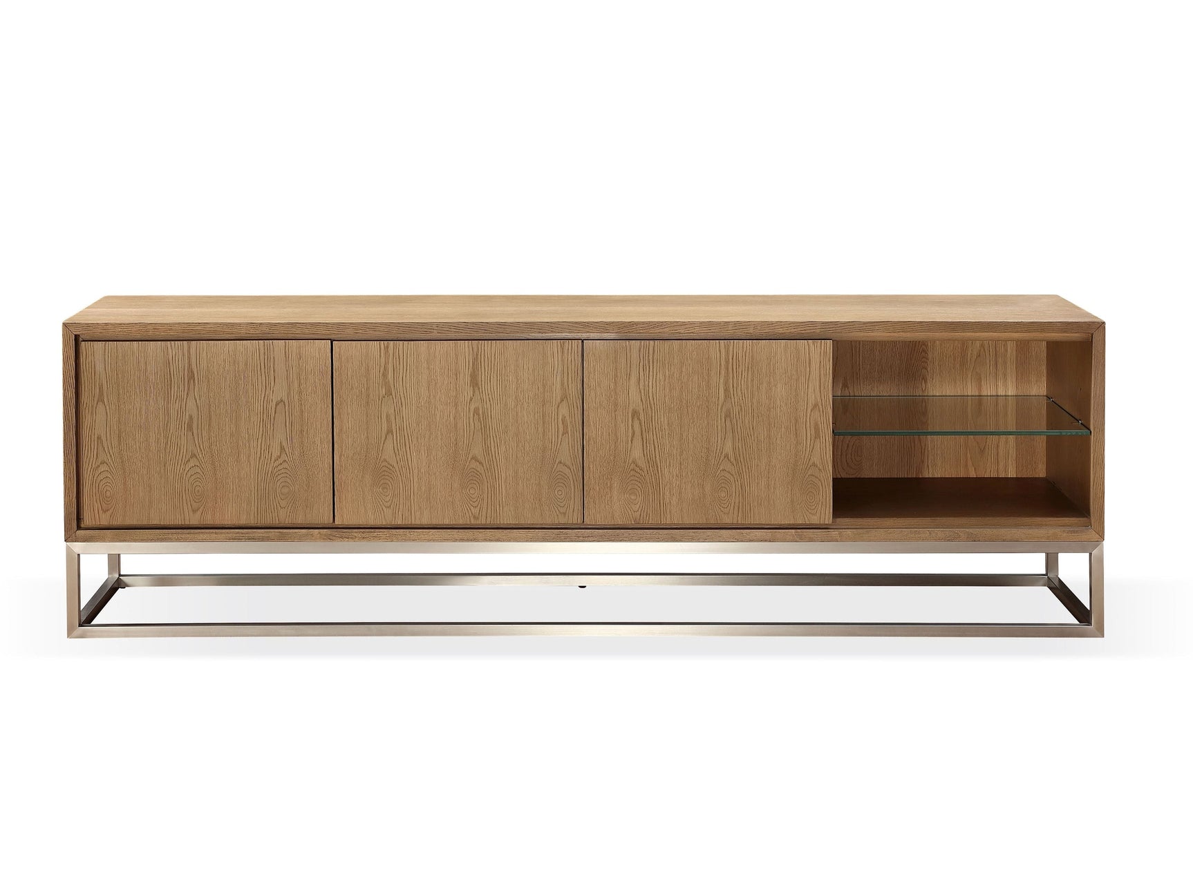 One Coastal Modern 84 inch TV Console in Brushed Stainless Steel and Bisque - Ornate Home