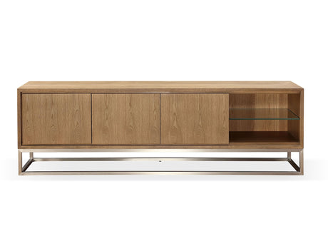 One Coastal Modern 84 inch TV Console in Brushed Stainless Steel and Bisque - Ornate Home