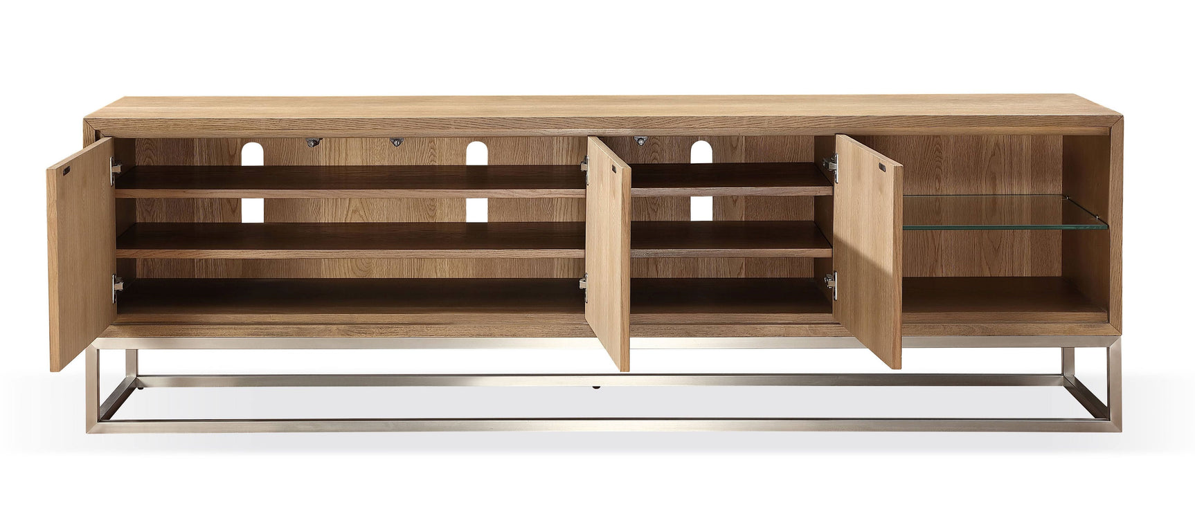 One Coastal Modern 84 inch TV Console in Brushed Stainless Steel and Bisque - Ornate Home