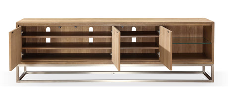 One Coastal Modern 84 inch TV Console in Brushed Stainless Steel and Bisque - Ornate Home