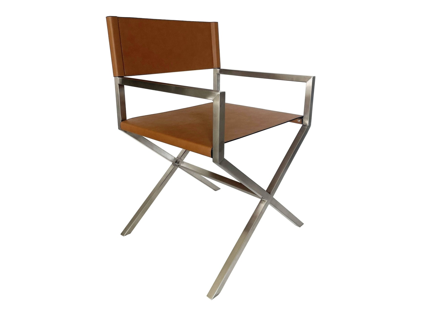 One Modern Coastal Director's Dining Arm Chair in Cognac and Brushed Stainless Steel (Set of 2) - Ornate Home