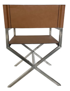 One Modern Coastal Director's Dining Arm Chair in Cognac and Brushed Stainless Steel (Set of 2) - Ornate Home