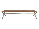 One Modern Coastal Director's Style Leather Dining Bench in Cognac and Brushed Stainless Steel - Ornate Home