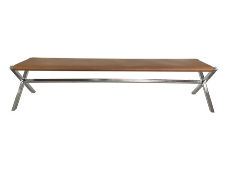 One Modern Coastal Director's Style Leather Dining Bench in Cognac and Brushed Stainless Steel - Ornate Home