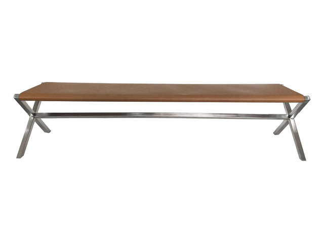 One Modern Coastal Director's Style Leather Dining Bench in Cognac and Brushed Stainless Steel - Ornate Home