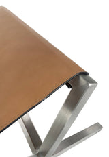 One Modern Coastal Director's Style Leather Dining Bench in Cognac and Brushed Stainless Steel - Ornate Home