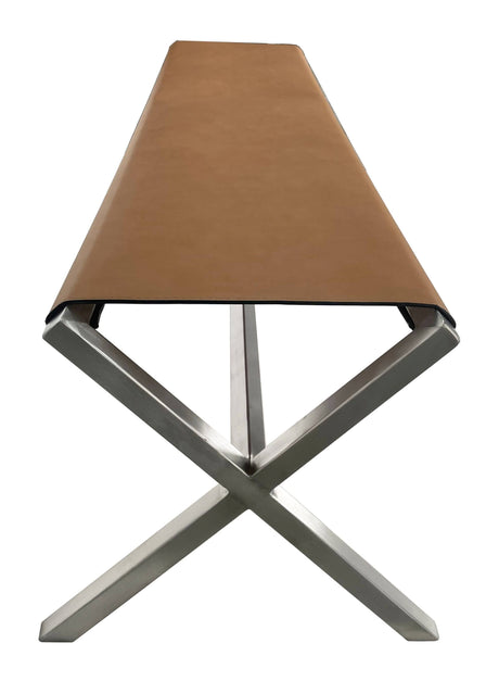 One Modern Coastal Director's Style Leather Dining Bench in Cognac and Brushed Stainless Steel - Ornate Home