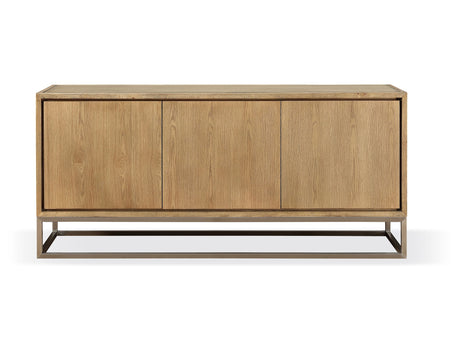 One Modern Coastal Metal Base Sideboard in White Oak and Brushed Stainless Steel - Ornate Home