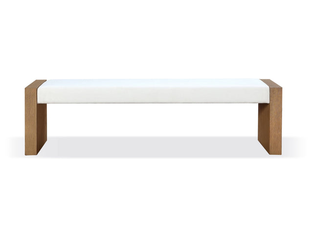 One Modern Coastal Slab Leg Upholstered Dining Bench in White Oak and White Pearl - Ornate Home