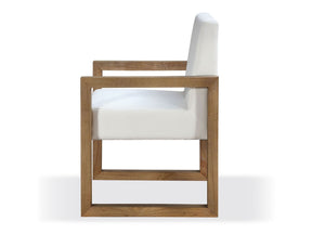 One Modern Coastal Sled Leg Upholstered Dining Arm Chair in White Pearl and Bisque (Set of 2) - Ornate Home