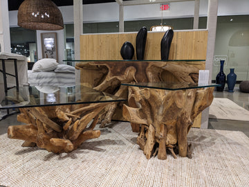 One Solid Teak Root Glass Top Coffee Table - Ornate Home
