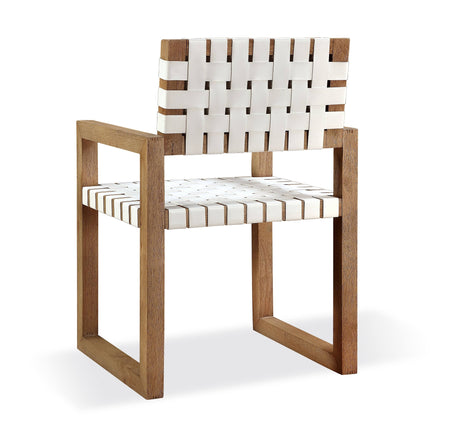 One Woven Leather and Solid Wood Dining Arm Chair in White and Bisque - Ornate Home