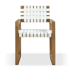 One Woven Leather and Solid Wood Dining Arm Chair in White and Bisque - Ornate Home