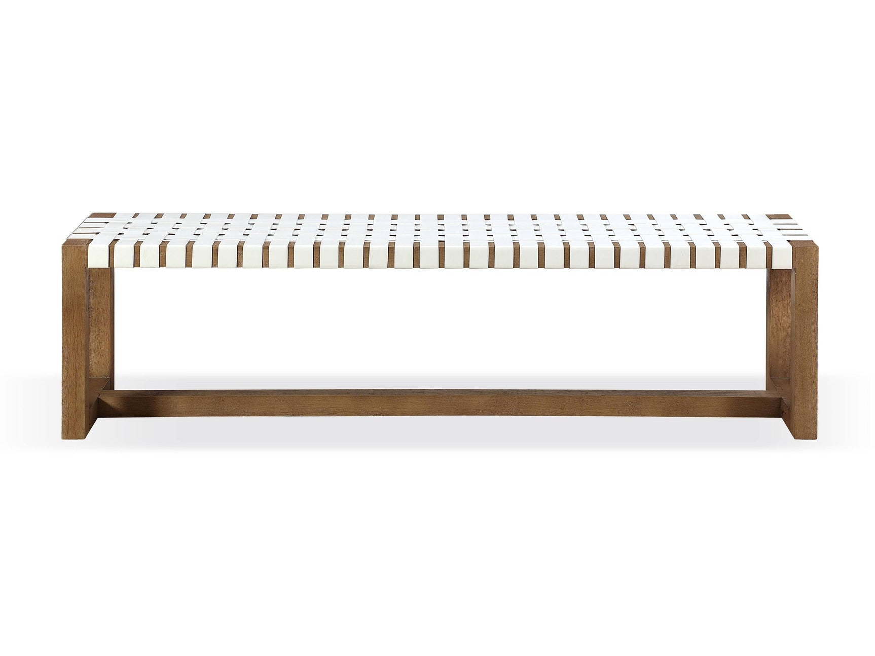 One Woven Leather and Solid Wood Dining Bench in White and Bisque - Ornate Home