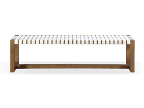 One Woven Leather and Solid Wood Dining Bench in White and Bisque - Ornate Home