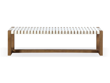 One Woven Leather and Solid Wood Dining Bench in White and Bisque - Ornate Home